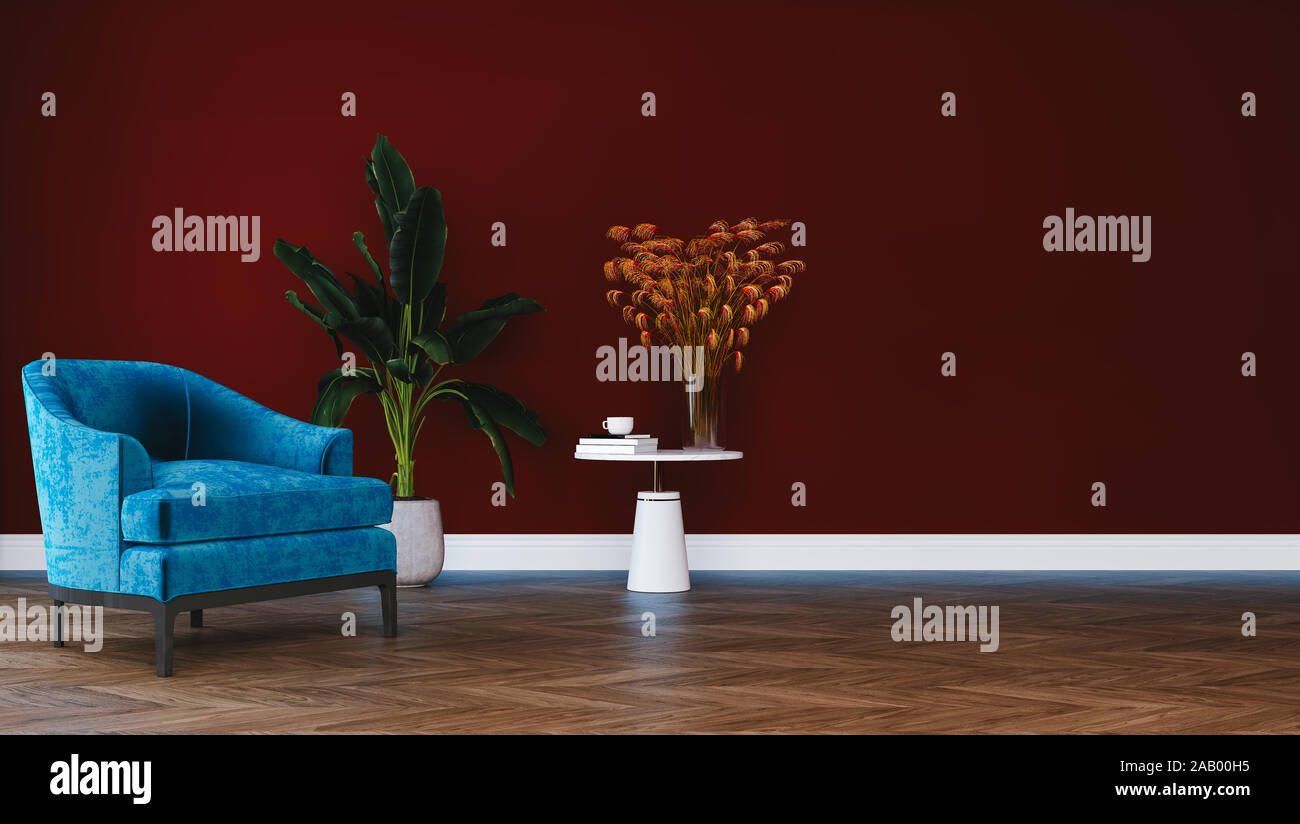 Modernes, minimalistisches Interieur von Wohnzimmer, zu Hause, im Büro, Hotel, rote Wand Konzept, Vintage Sessel mit Holztisch auf Parkettboden Stockfoto