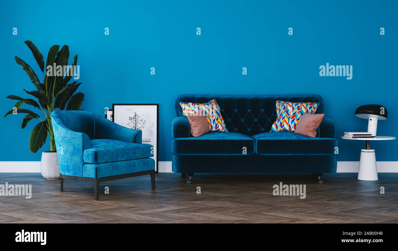 Modernes, minimalistisches Interieur von Wohnzimmer, zu Hause, im Büro, Hotel, blaue Wand Konzept, Vintage Sessel mit einem Sofa auf dem Parkett Stockfoto