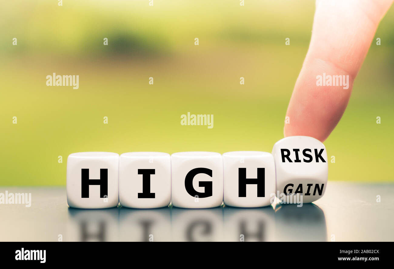 Würfel Form hohe der Ausdruck "Risiko, High Gain'. Stockfoto