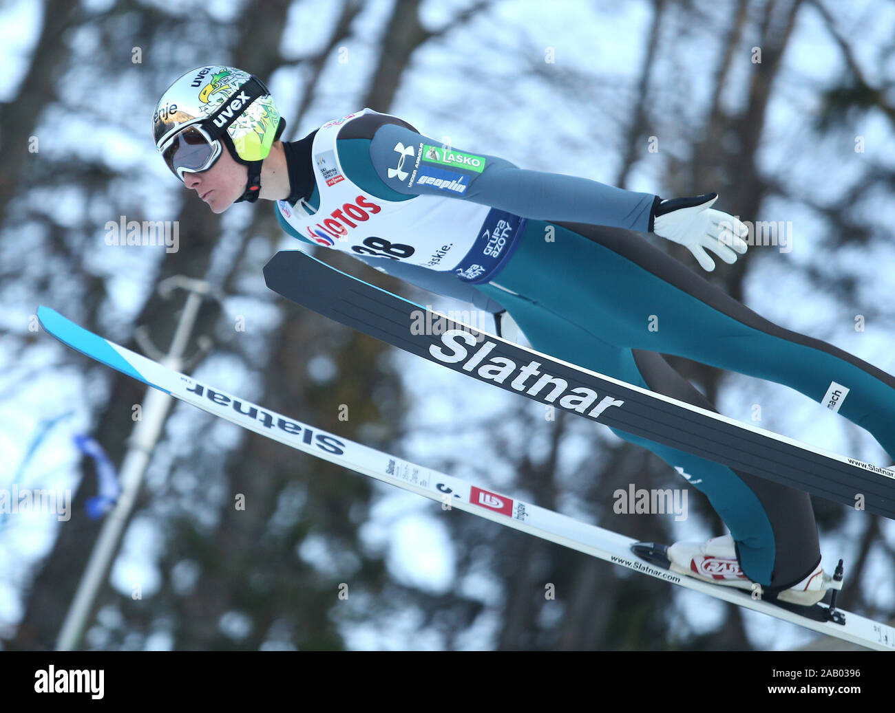 In Aktion während der einzelnen Wettbewerb der FIS Skisprung Weltcup in Wisla gesehen. Stockfoto