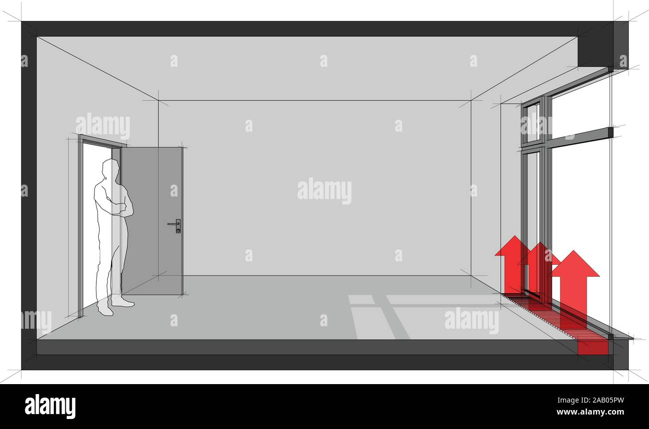 3D-Darstellung von leeren Zimmer mit Tür und hohe französische Fenster und stehende Mann in der geöffneten Tür und bodenkonvektor für Heizung vor Fenster Stock Vektor