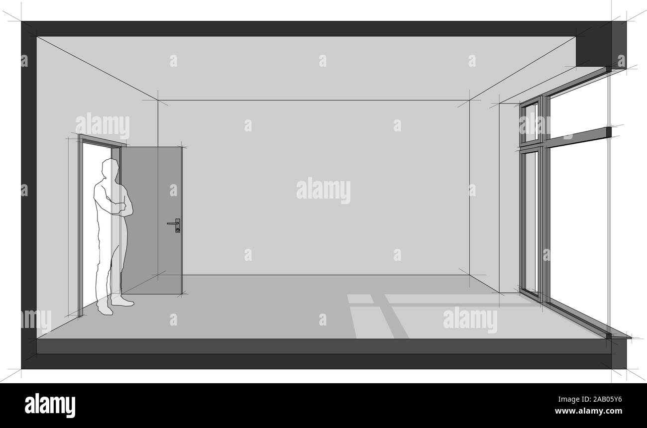 Diagramm eines leeren Raum mit Tür und hohe Fenster und stehende Mann in der geöffneten Tür Stock Vektor