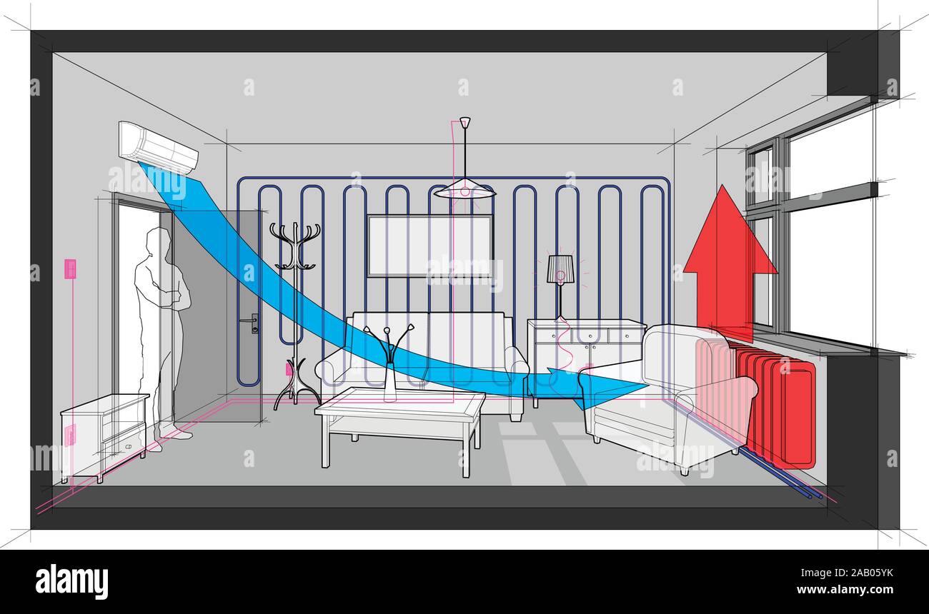 Zimmer mit elektrischen Installationen und Wand montiert Luft Kühler conditionercand Wand Kühlung und Heizung und Möbel Stock Vektor Zimmer mit elektrischen Installationen und Wand montiert Luft Kühler conditionercand Wand Kühlung und Heizung und Möbel Stock Vektor