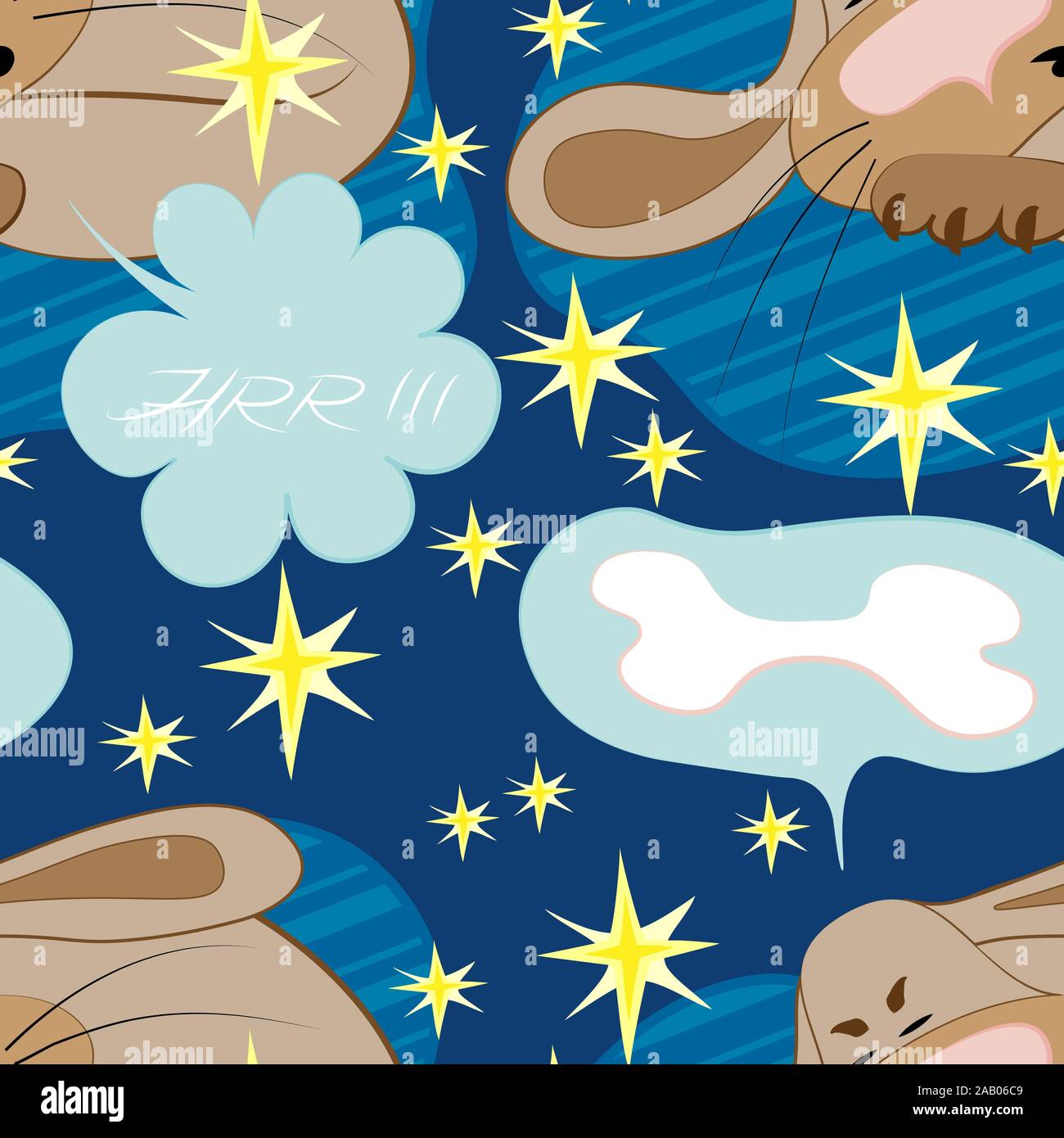 Süßer Hund schläft auf einem blauen Teppich und sieht einen Traum über einen Knochen. Stock Vektor