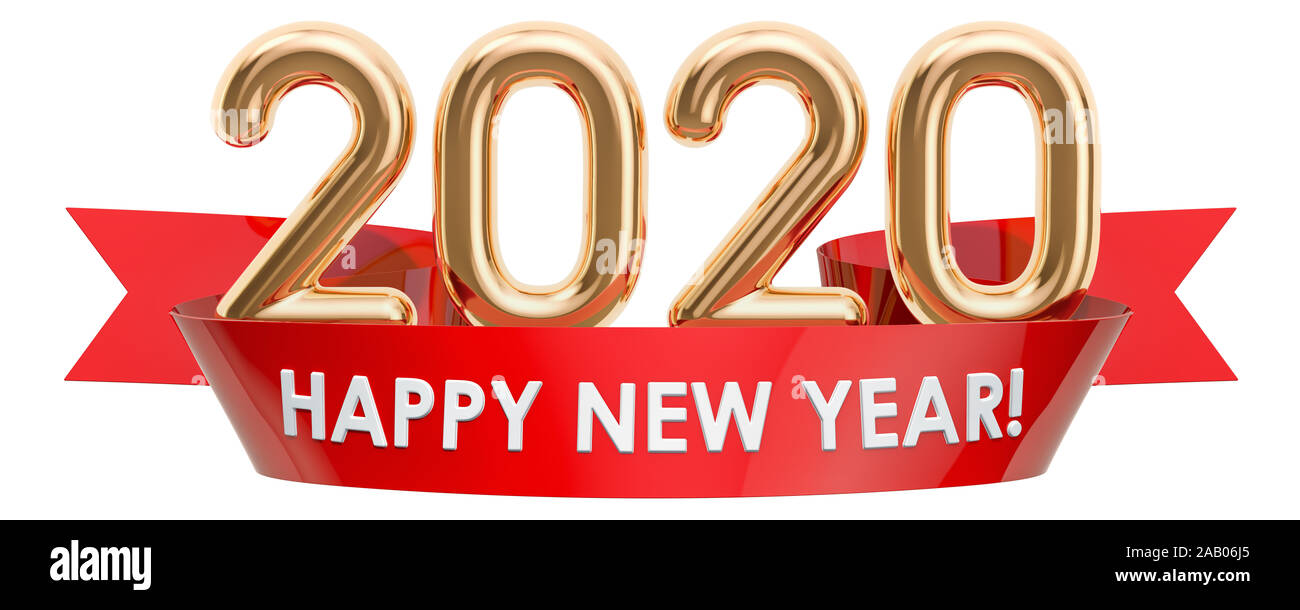 Frohes Neues Jahr 2020 Konzept mit Text auf der Red Ribbon, 3D-Rendering auf weißem Hintergrund Stockfoto