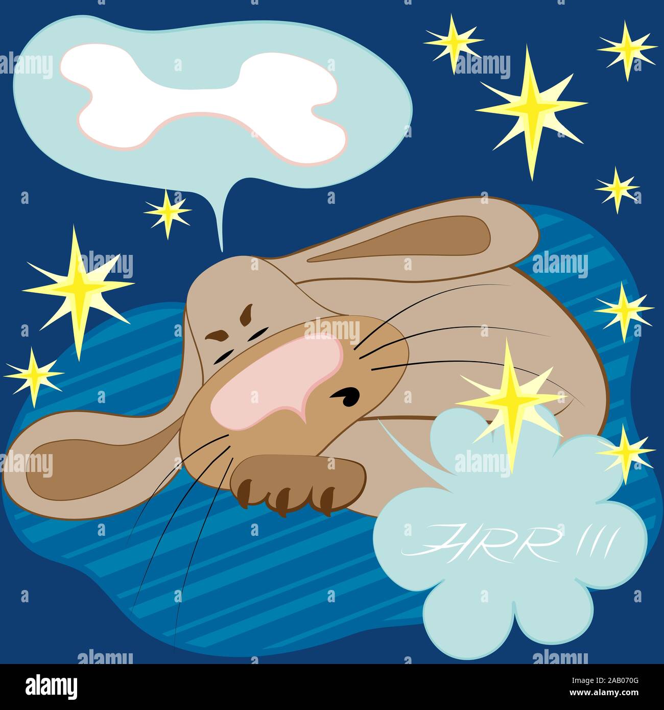 Süßer Hund schläft auf einem blauen Teppich und sieht einen Traum über einen Knochen. Stock Vektor