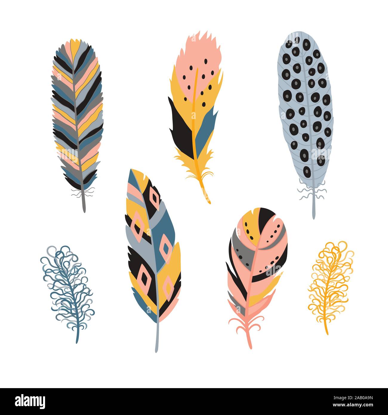 Bunte detaillierte Vogelfedern. Hand bearbeitbaren Elemente gezeichnet, realistischen Stil, Vector Illustration. Stock Vektor