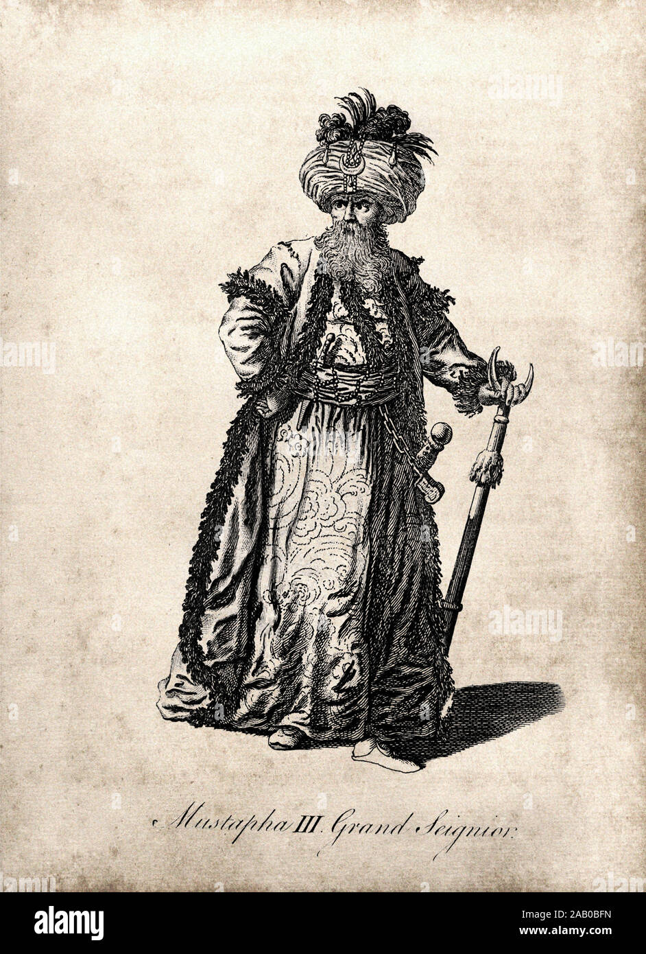 Gravur von Mustafa III (1717 - 1773) war der Sultan des Osmanischen Reiches von 1757 bis 1773. Stockfoto