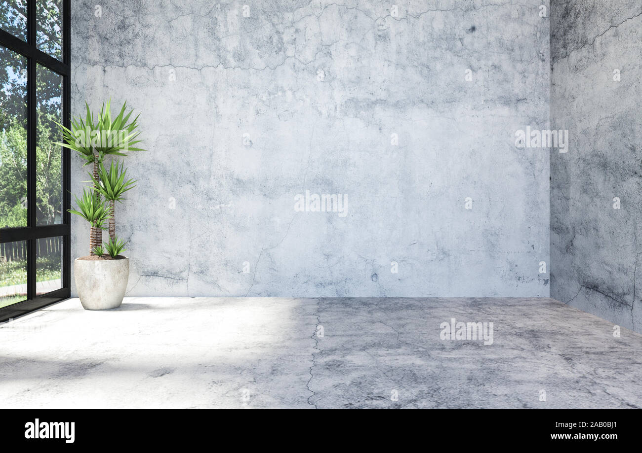 Moderne Beton leere Halle Open Space Interieur mit grossen Fenster, 3D-Rendering Stockfoto