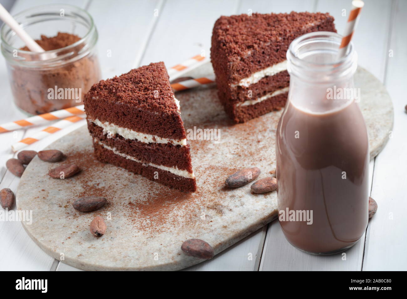 Zwei Scheiben Schokolade Kuchen, heiße Schokolade in einer Flasche, Milchpulver, Kakao und kakaohaltige Bohnen auf einem rustikalen Tisch Stockfoto