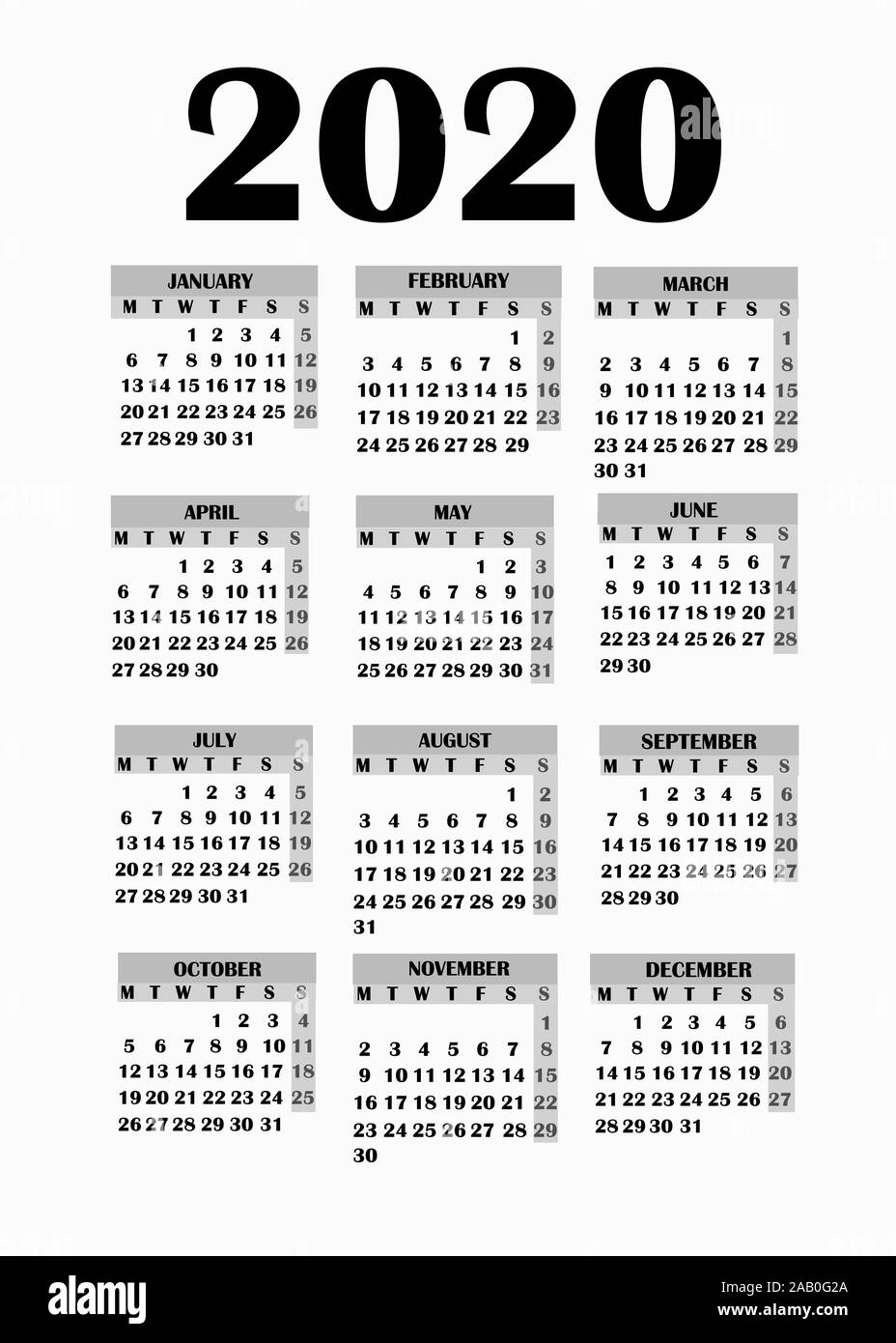 Jahr 2020 Kalender. Einfaches Design für Kalender 2020. Kalender auf weißem  Hintergrund für Organisation und Business. Woche beginnt am Montag.  Abbildung Stockfotografie - Alamy