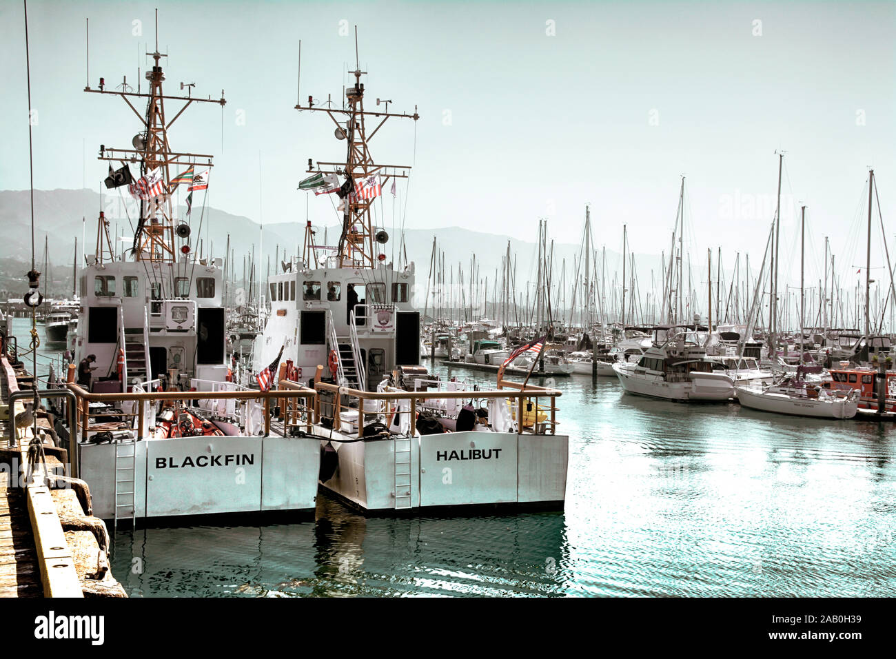 Beeindruckende United States Coast Guards/Küstenwache Boote, der blackfin und den Heilbutt angedockt an den Hafen von Santa Barbara, Santa Barbara, CA Stockfoto