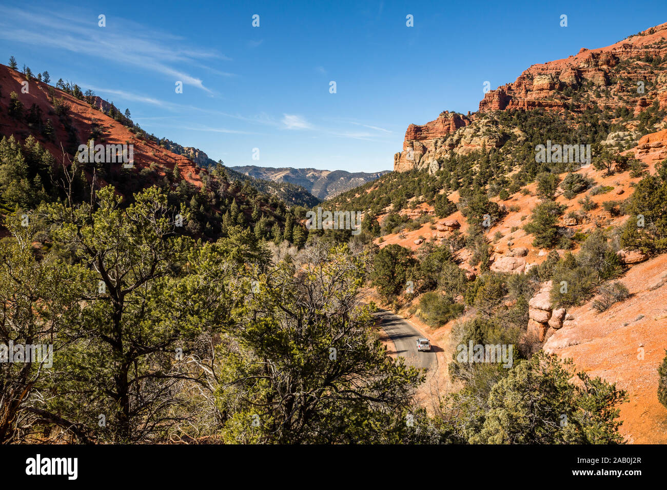 Auf einem schmalen, gewundenen Straße, ein Silber-SUV fährt durch einen grünen Wald mit orange und rote Felsen und hoodoo Türme in der südlichen Wüste von Utah. Stockfoto