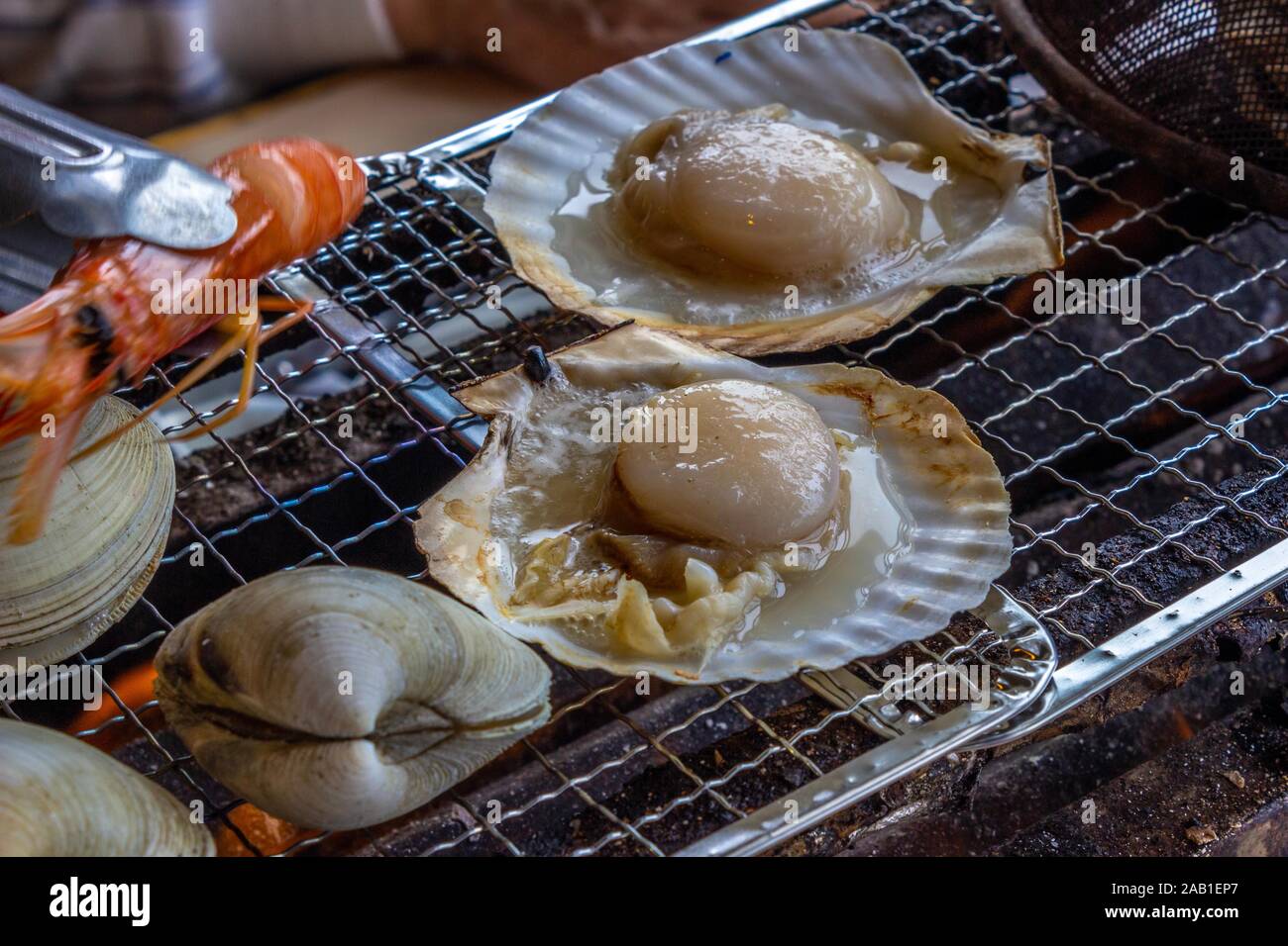 Clam, Quahog, Garnelen, Jakobsmuscheln, auf Holzkohle gegrillten Meeresfrüchten. in Chiba-ken JAPAN Stockfoto
