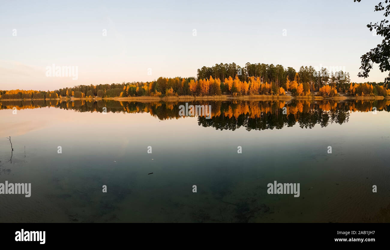 Panoramablick auf Herbst gelb grünen Wald am Ufer des Sees in den Strahlen der untergehenden Sonne mit Reflexion im Wasser. Goldene Zeit. Stockfoto