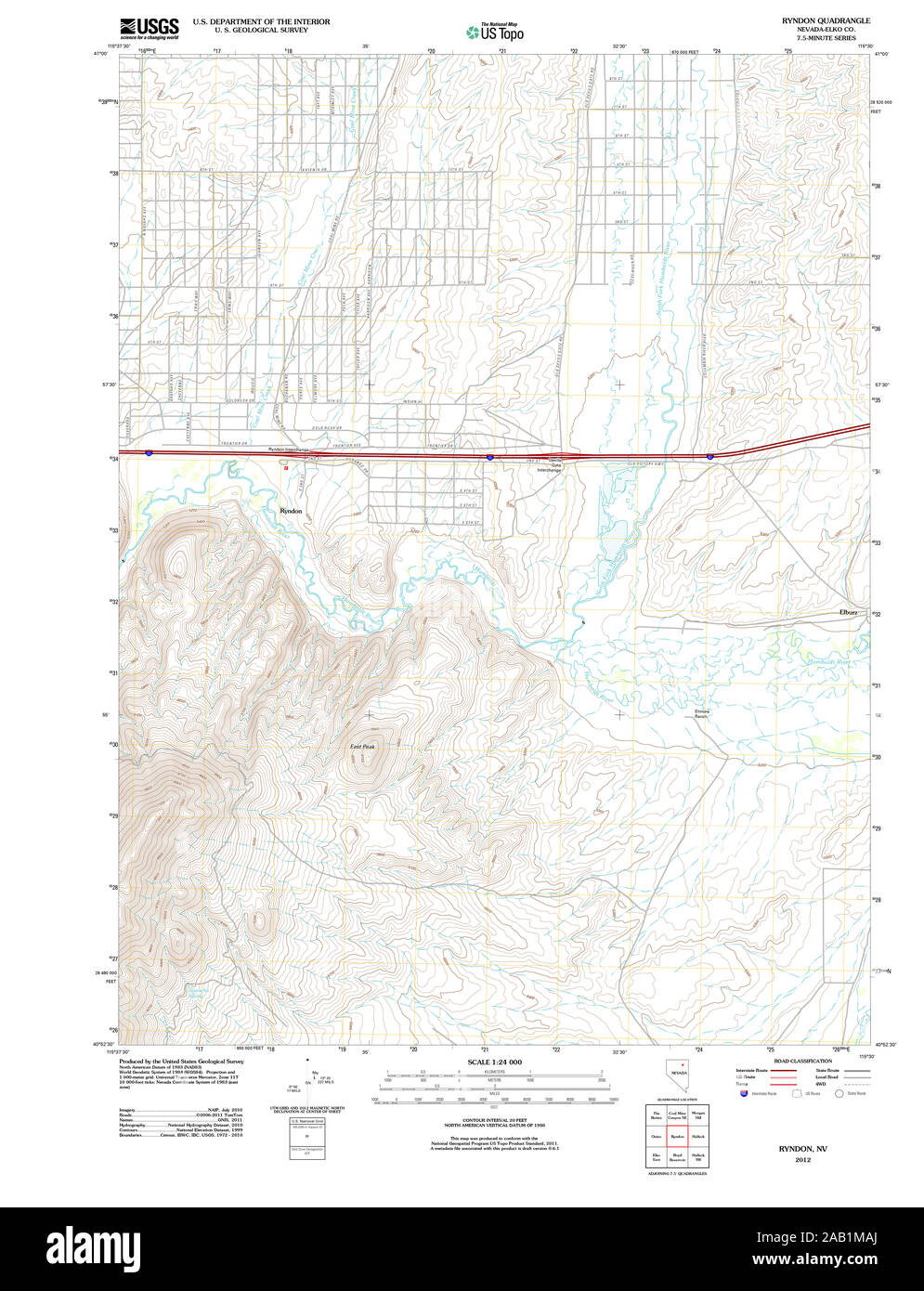 USGS TOPO Karte Nevada NV Ryndon 20120202 TM Wiederherstellung Stockfoto