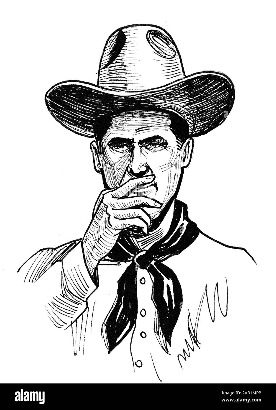 Cowboy Charakter Rauchen einer Zigarette. Tinte schwarz-weiss Zeichnung Stockfoto