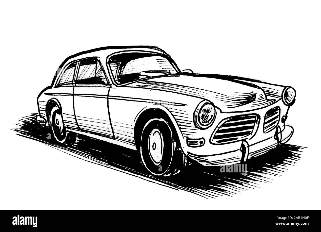 Klassische Oldtimer. Tinte schwarz-weiss Zeichnung Stockfoto