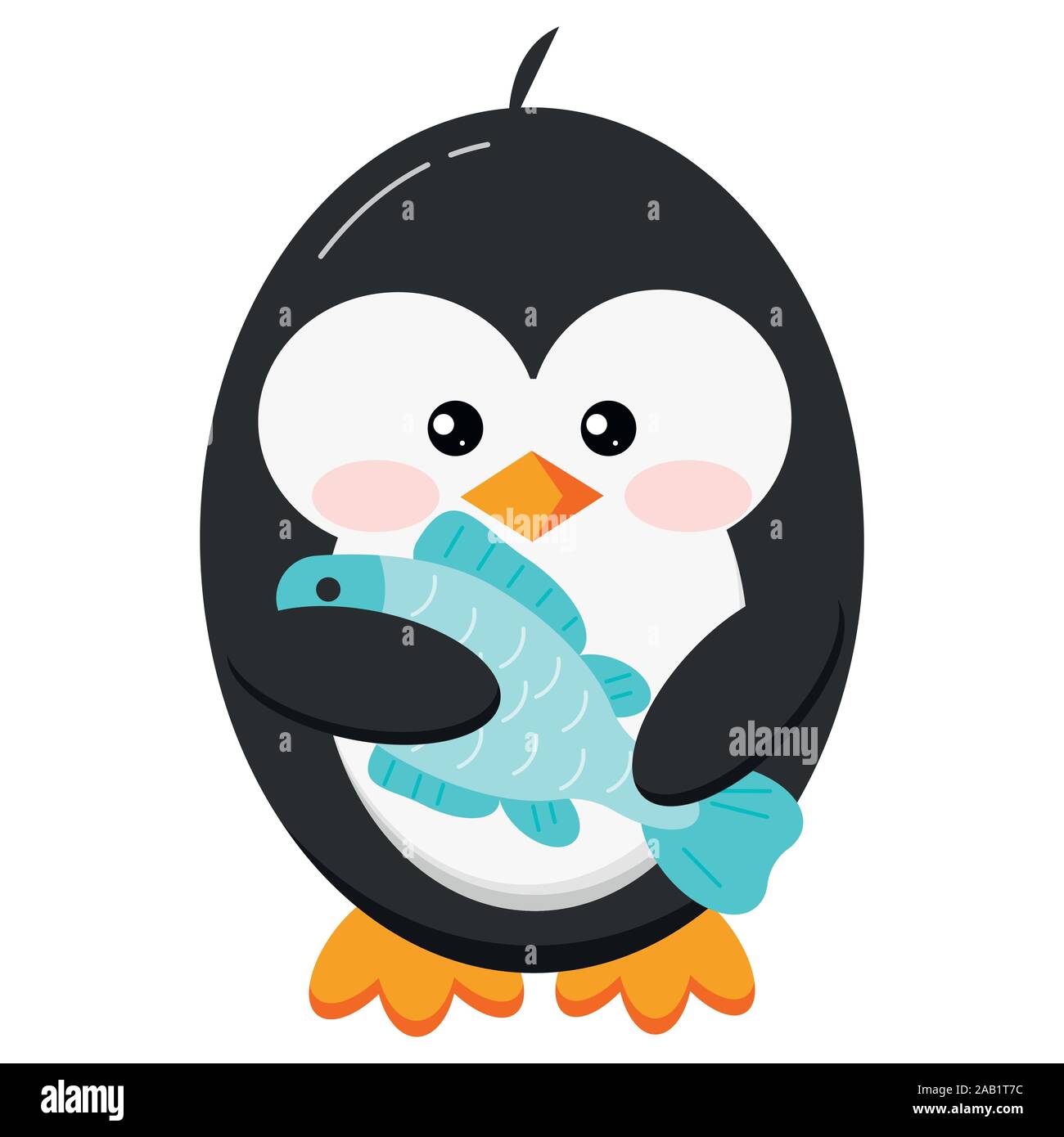 Cute penguin Vogel mit Fisch in die Pfoten auf weißem Hintergrund. Stock Vektor