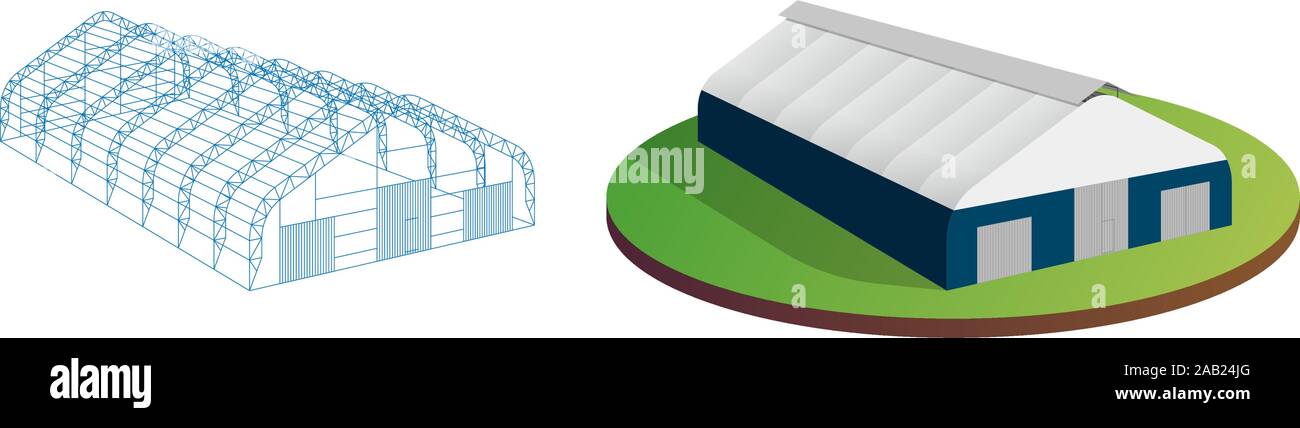 Markise Planen Zelt temporäre Drahtgestell Ausstellung Tunnel Halle Flugzeug Hangar. Scheune Bau Gebäude Industrielager Karkasse. Vektor-isometrische 3d-Illustration Stock Vektor