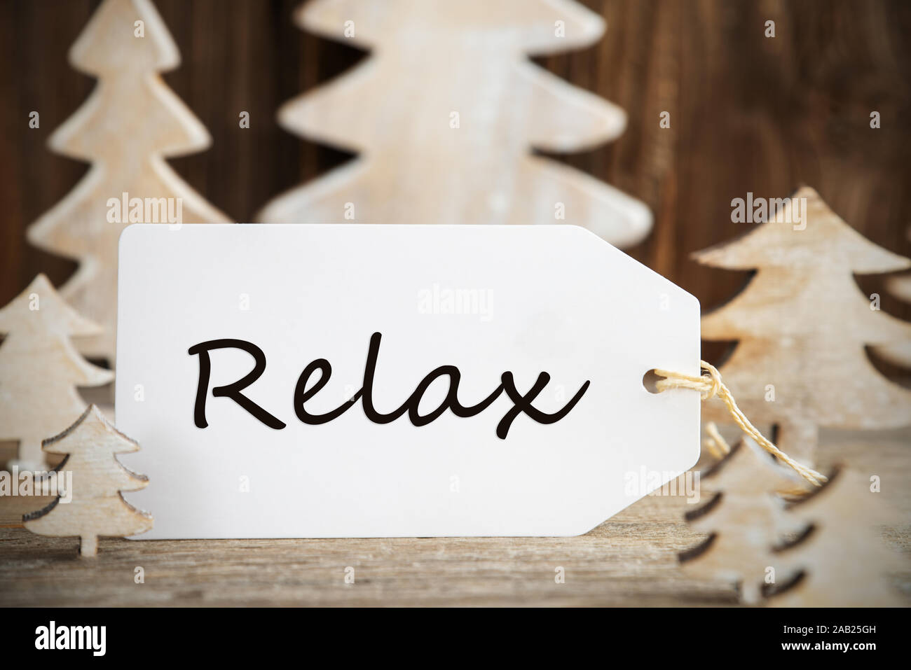 Weihnachtsbaum, Label mit englischem Text Entspannen Stockfoto