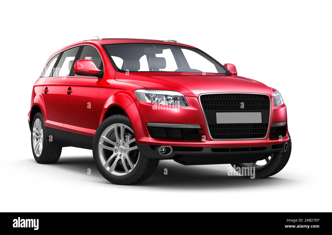 Red SUV isoliert auf weißem Hintergrund. 3D-Darstellung Stockfoto