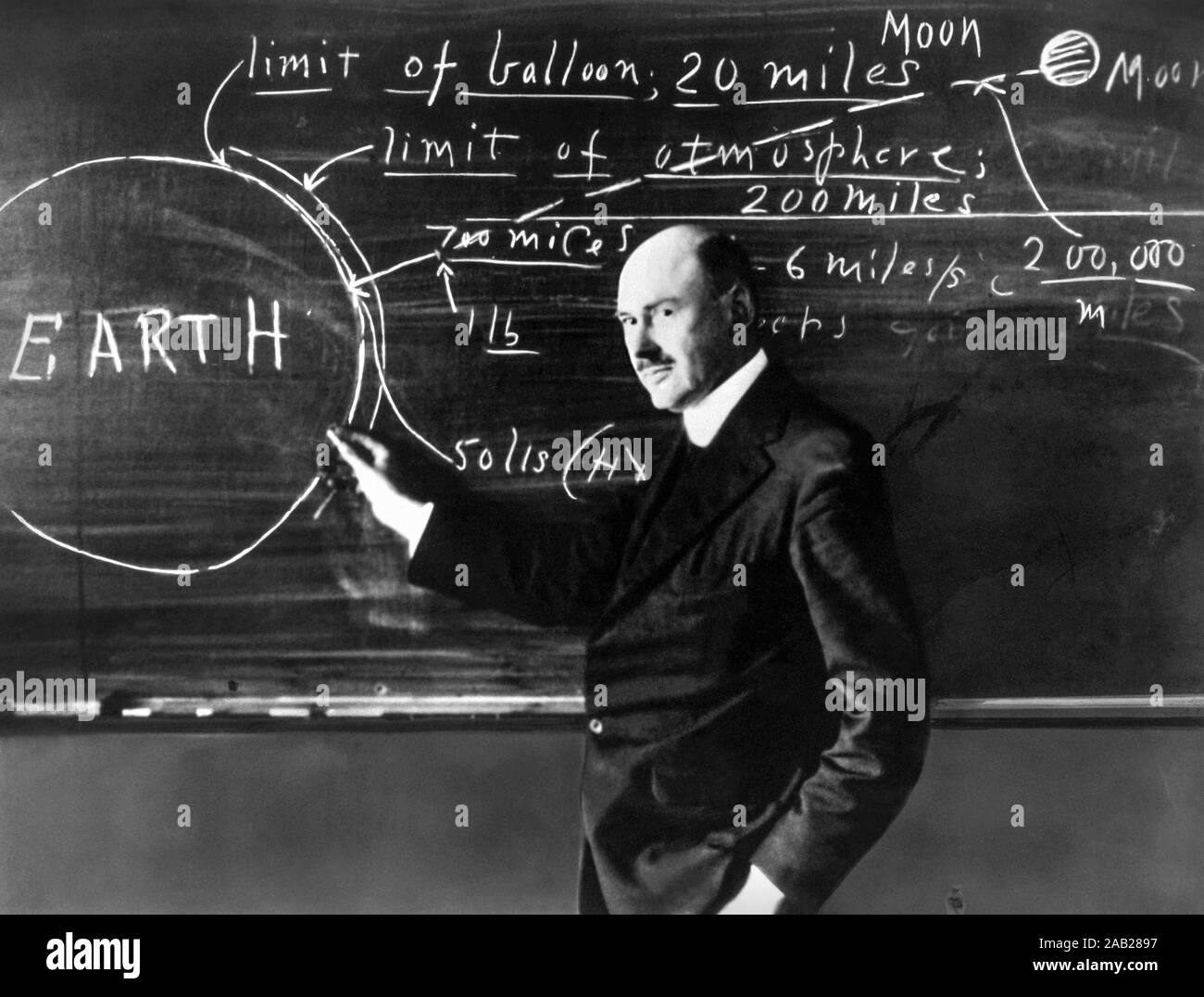 Dr. Robert Hutchings Goddard (1882-1945) auf einer Tafel an der Clark University in Worcester, Massachusetts, 1924. Goddard, ein Erfinder, Wissenschaftler und Professor für Physik an der Clark University, ist als "Vater der modernen Raketentechnik bekannt." Stockfoto