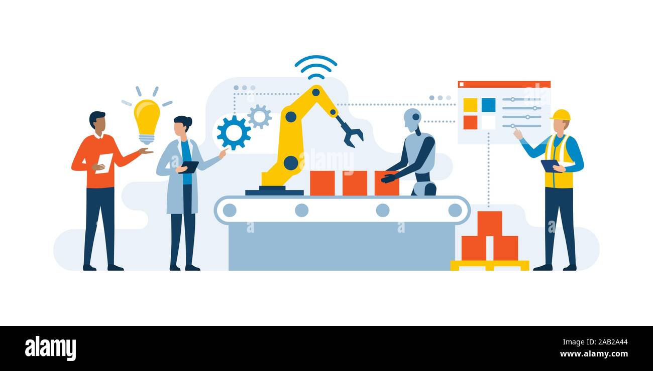 Smart Industrie Produktion mit Arbeitern, Roboter und interaktive Schnittstelle Stock Vektor