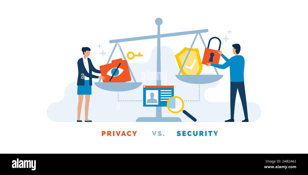 Menschen balancing Konzepte von Datenschutz und Sicherheit auf einer Skala, den Schutz personenbezogener Daten Konzept Stock Vektor