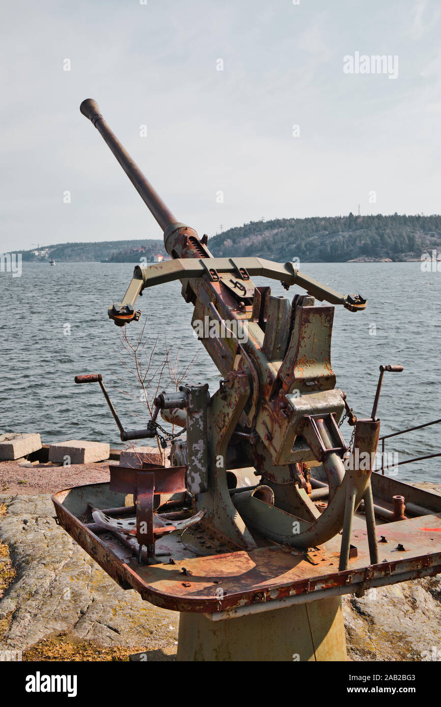 Bofors 40-mm-Flugabwehrkanone, Insel Fjaderholmarna, Stockholmer Archipel, Schweden Stockfoto