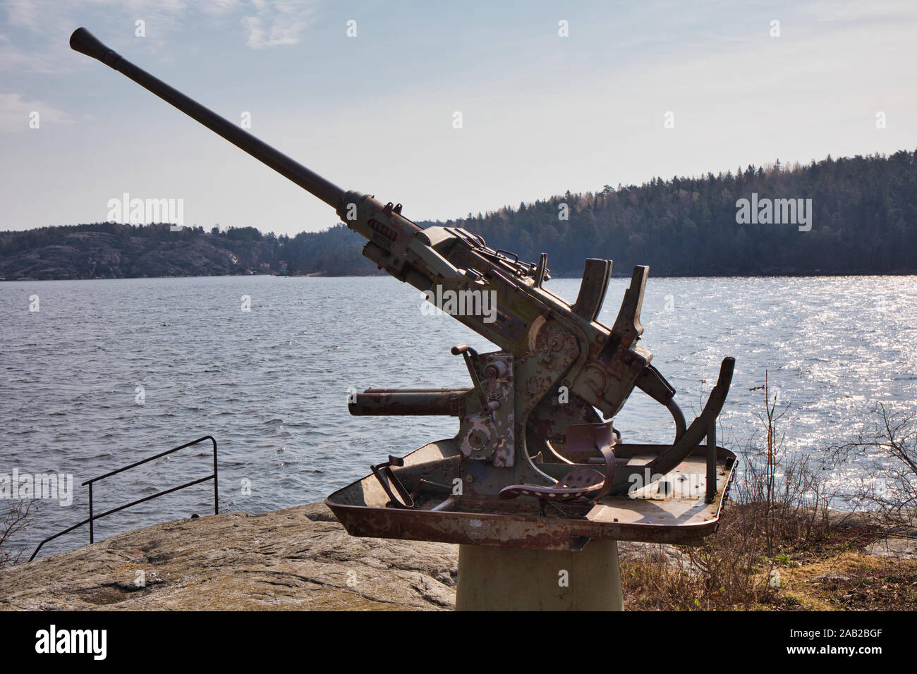 Bofors 40-mm-Flugabwehrkanone, Insel Fjaderholmarna, Stockholmer Archipel, Schweden Stockfoto