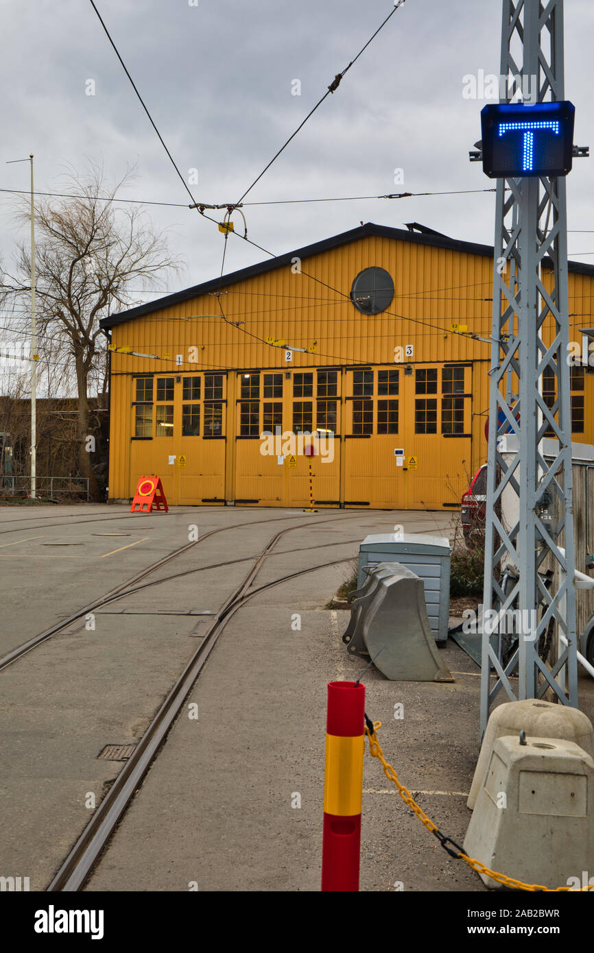 Straßenbahn-Depot für Erbe Straßenbahnlinie Nr. 7 N, Djurgården, Stockholm, Schweden Stockfoto