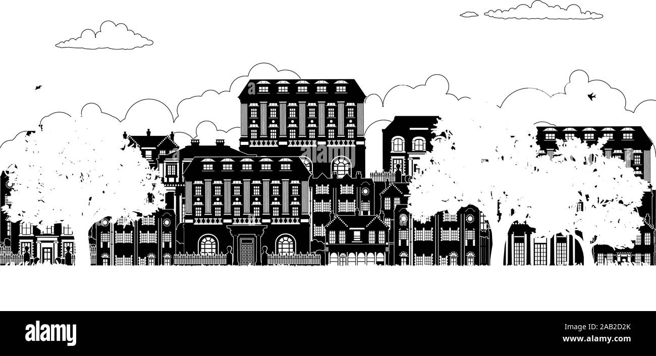 Häuser im viktorianischen Georgischen Silhouetten Zeile Straße Stock Vektor