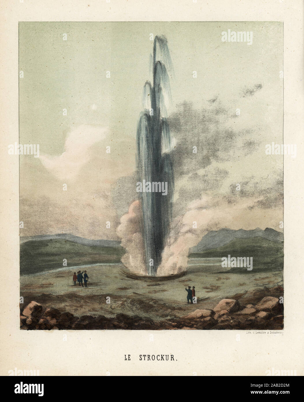 Touristen beobachten der große Geysir Strokkur, Tal Haukadalur, Island, 19. In der Nähe der stratovulkan Hekla. Le Strockur. Papierkörbe Lithographie von Emile Lemaitre von Munerelle's Les Phenomenes Curiosites et de la Nature (natürliche Phänomene und Kuriositäten), Libraire Derivaux, Straßburg, 1856. Stockfoto