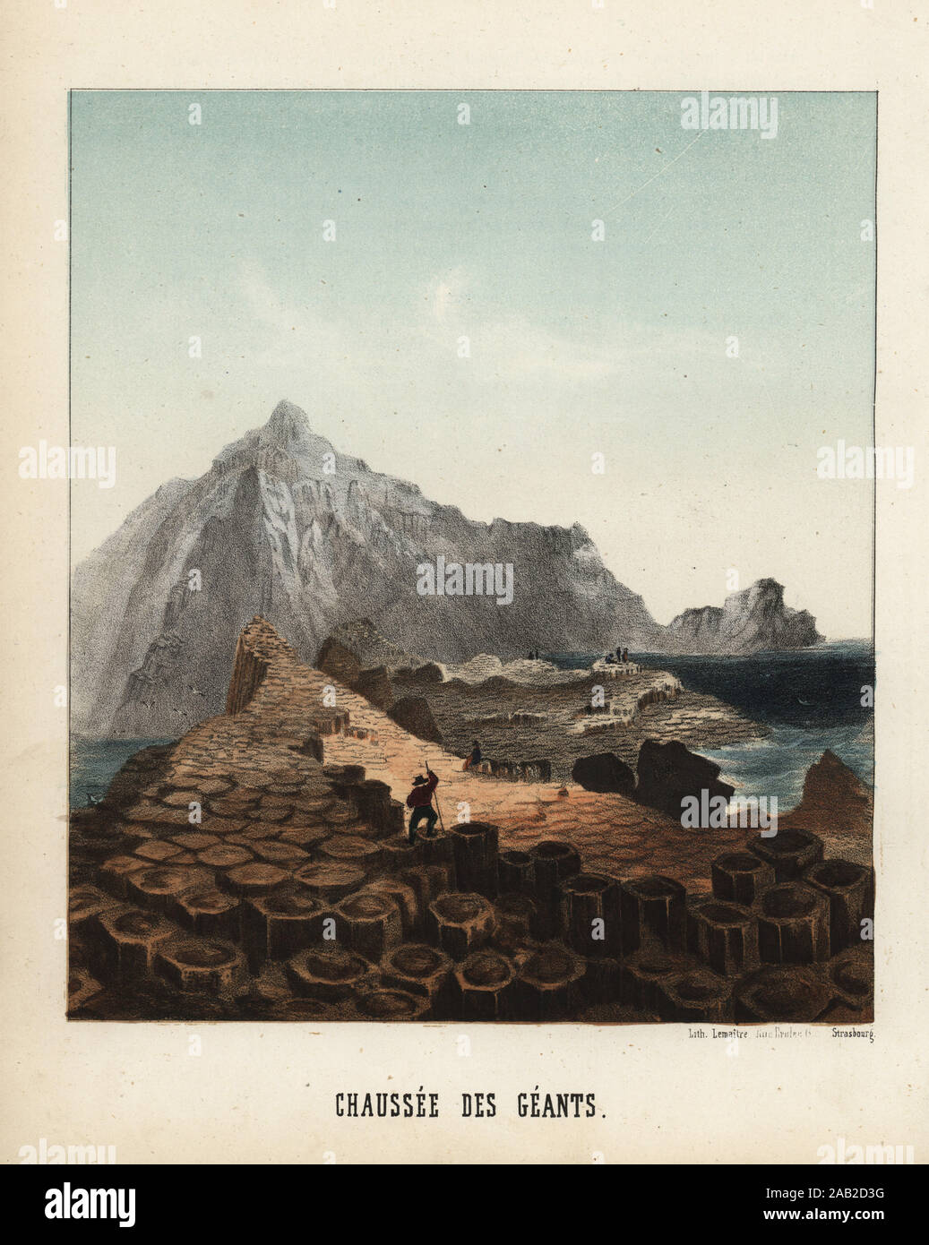 Der Giant's Causeway, County Antrim, Nordirland, 19. Basaltsäulen durch einen Vulkanausbruch verursacht. Chaussee de Geants. Papierkörbe Lithographie von Emile Lemaitre von Munerelle's Les Phenomenes Curiosites et de la Nature (natürliche Phänomene und Kuriositäten), Libraire Derivaux, Straßburg, 1856. Stockfoto