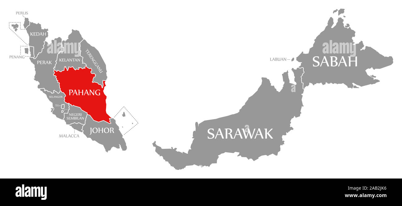 Pahang rot hervorgehoben Karte von Malaysia Stockfoto