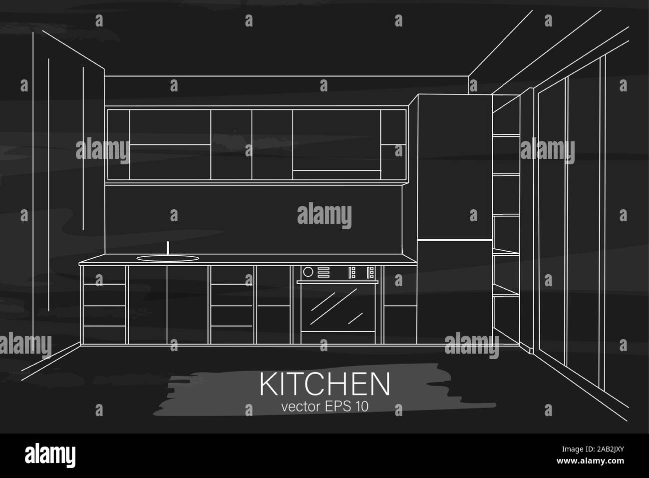 Eine moderne, minimalistische Küche Skizze. Spüle, Herd und Kühlschrank. Schwarze Farbe Hintergrund. Vektor Stock Vektor
