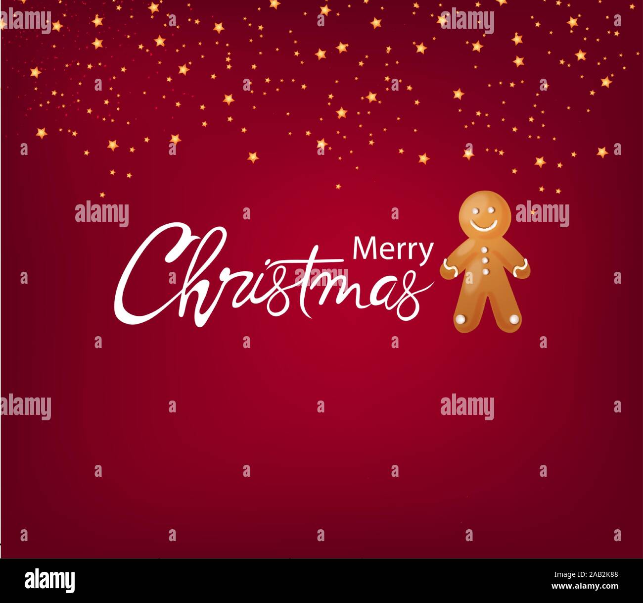 Frohe Weihnachten Grußkarten mit Lebkuchen Männer cookie, Sterne und funkelt Dekorationen auf roten Hintergrund. Vektor Stock Vektor