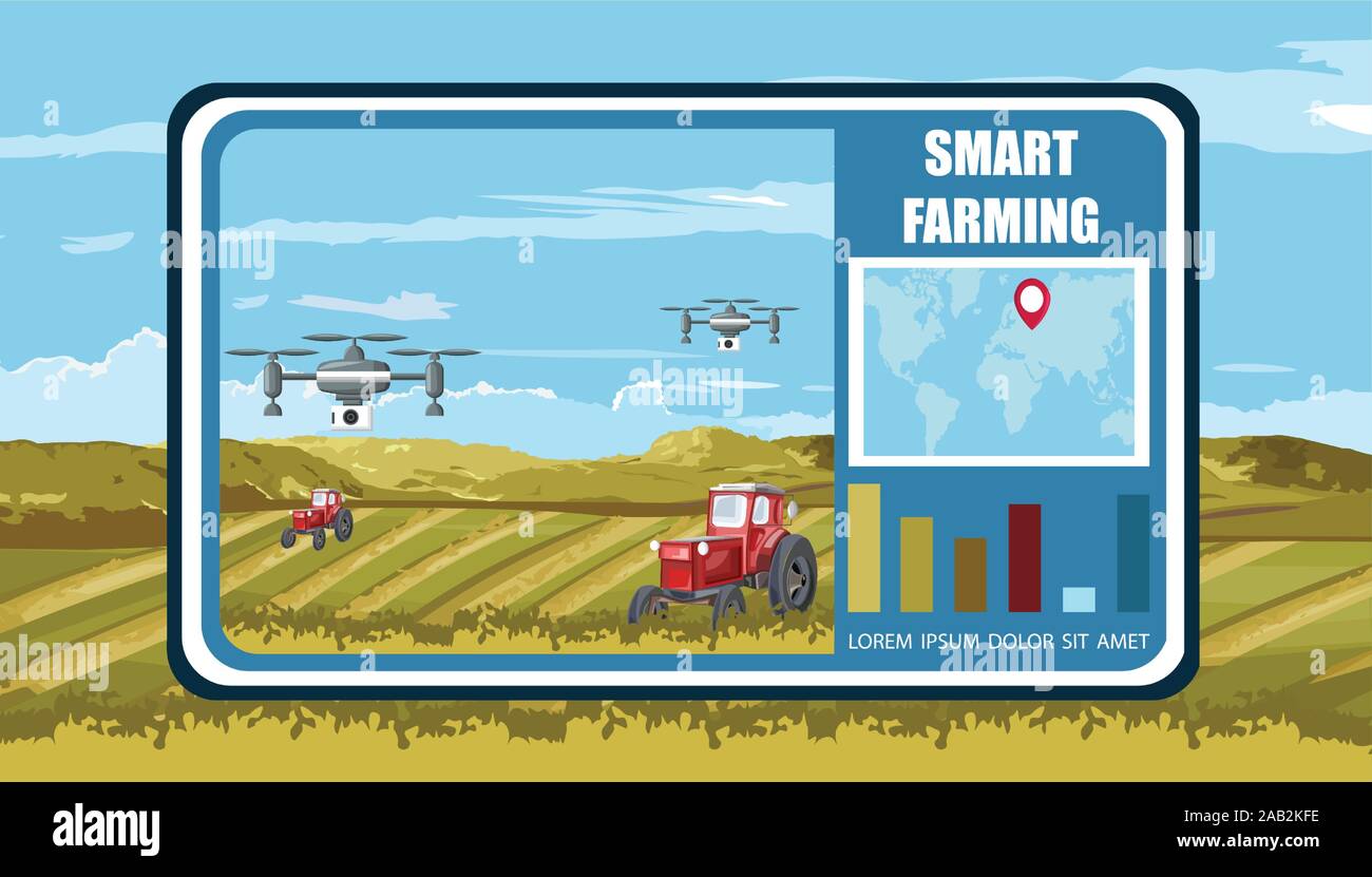 Smart Farming Banner mit Wireless unbemannte Drohnen und Traktoren im Feld. Grüne Berge im Hintergrund. Grafik, Welt Verbreitung der Technologie. Stock Vektor