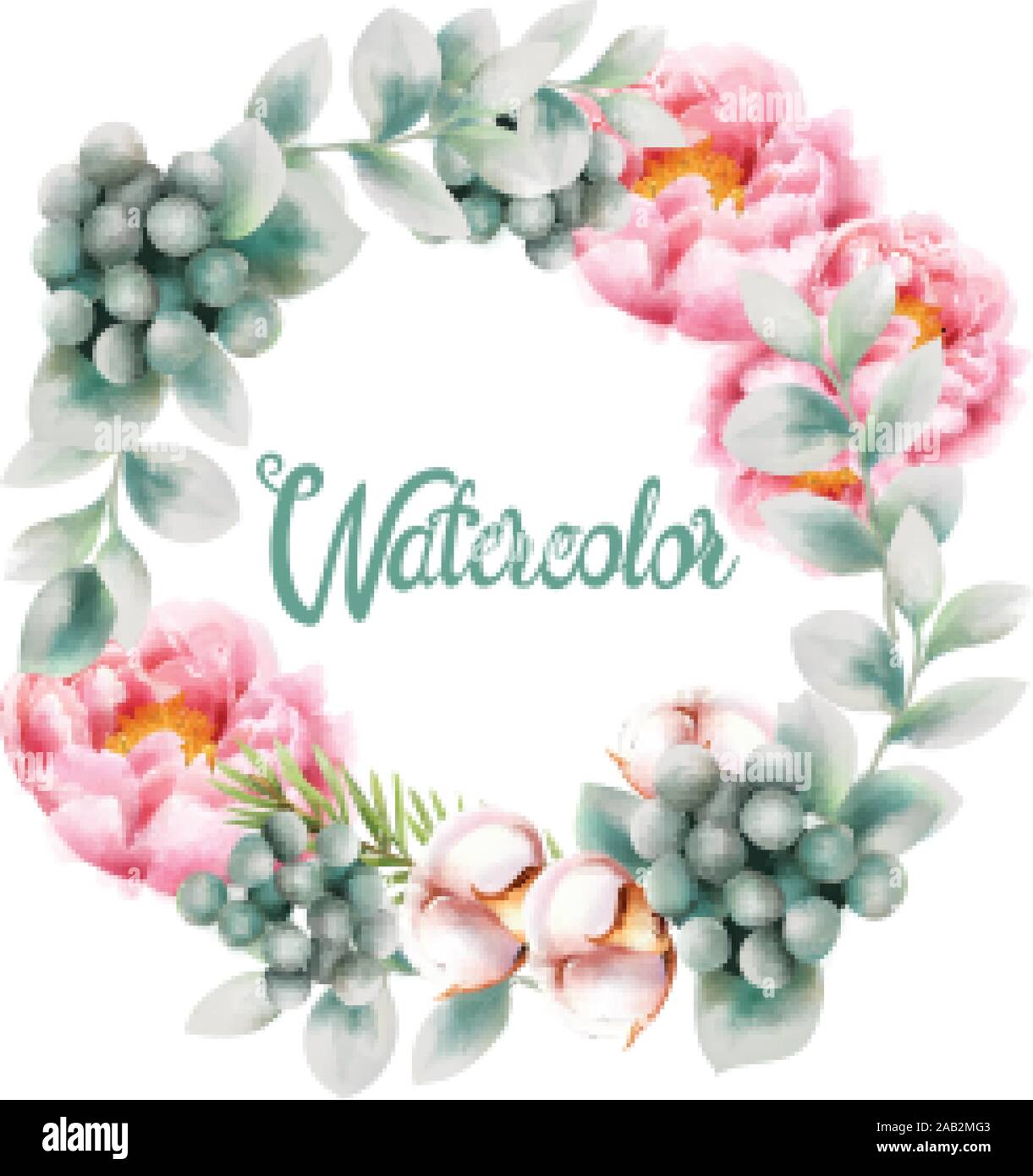 Aquarell Grußkarte Kranz mit Baumwolle, Pfingstrose Blumen, Pine Tree Blätter und Beeren. Vektor Stock Vektor