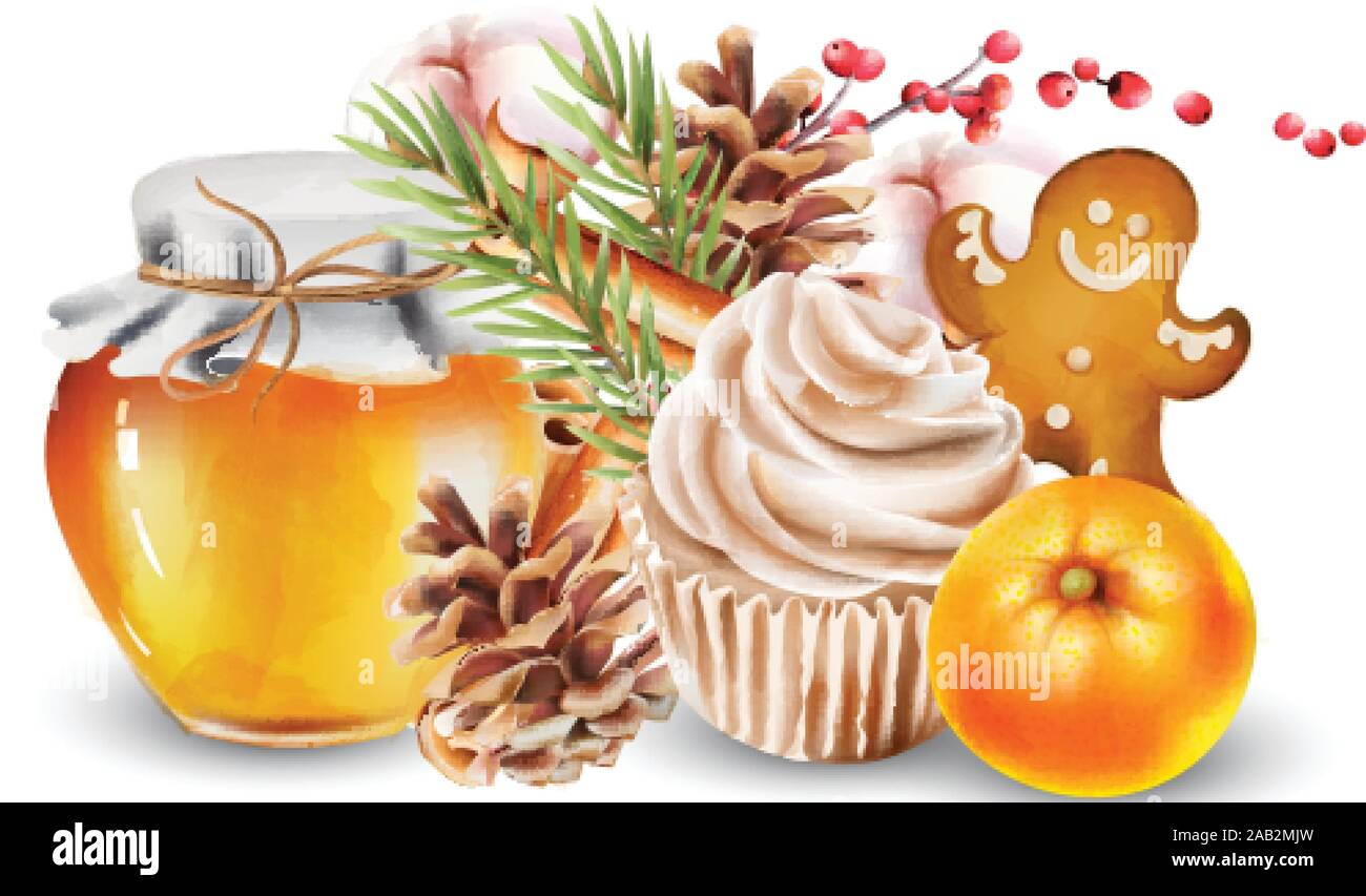 Weihnachten aquarell Dekorationen mit Krug Honig Nadelbaum Kegel, tanne Blätter, Nussbaum Cupcakes, orange, rote Beeren, Baumwolle, Zimtstangen und Ingwer Stock Vektor