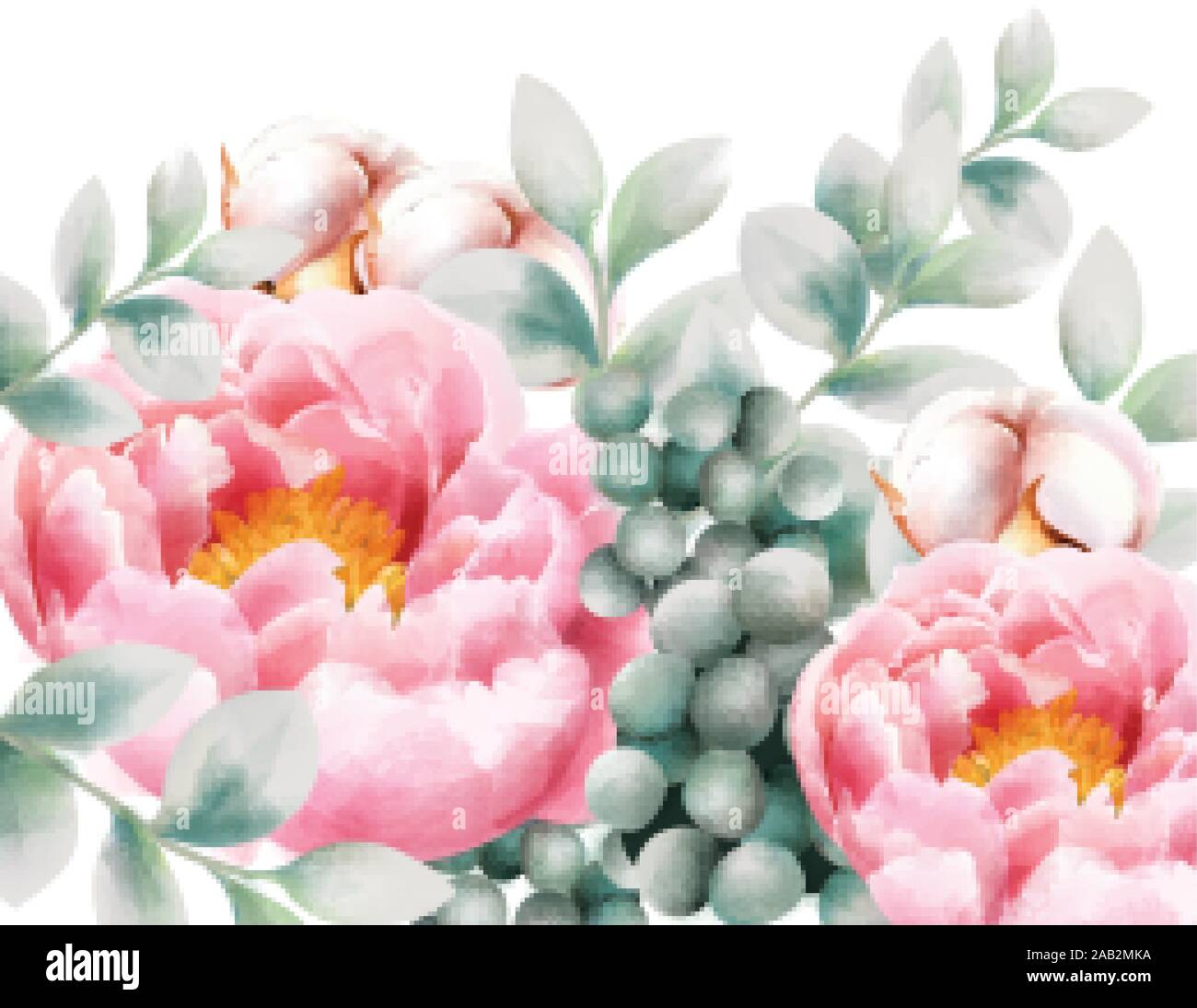 Gruß Aquarell Karte mit Baumwolle, Pfingstrose Blüten, Blätter und Beeren. Vektor Stock Vektor