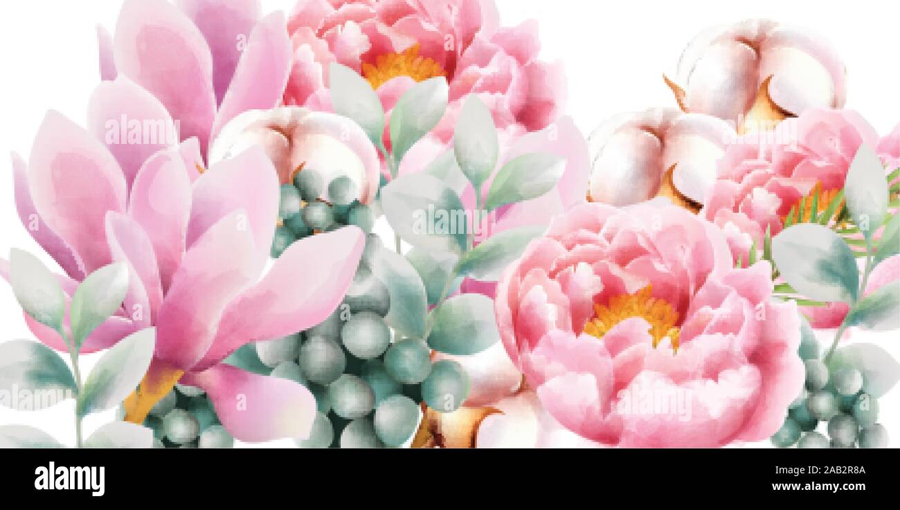 Aquarell Flower Bouquet mit grünen Blättern, rose Magnolia, Baumwolle und Pfingstrose Blüten. Vektor Stock Vektor