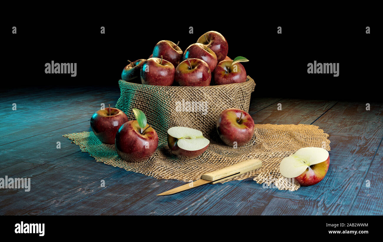 Frische ganze und halbe schneiden Äpfel in einer Schale auf bewaldeten Tisch mit Messer. Stockfoto