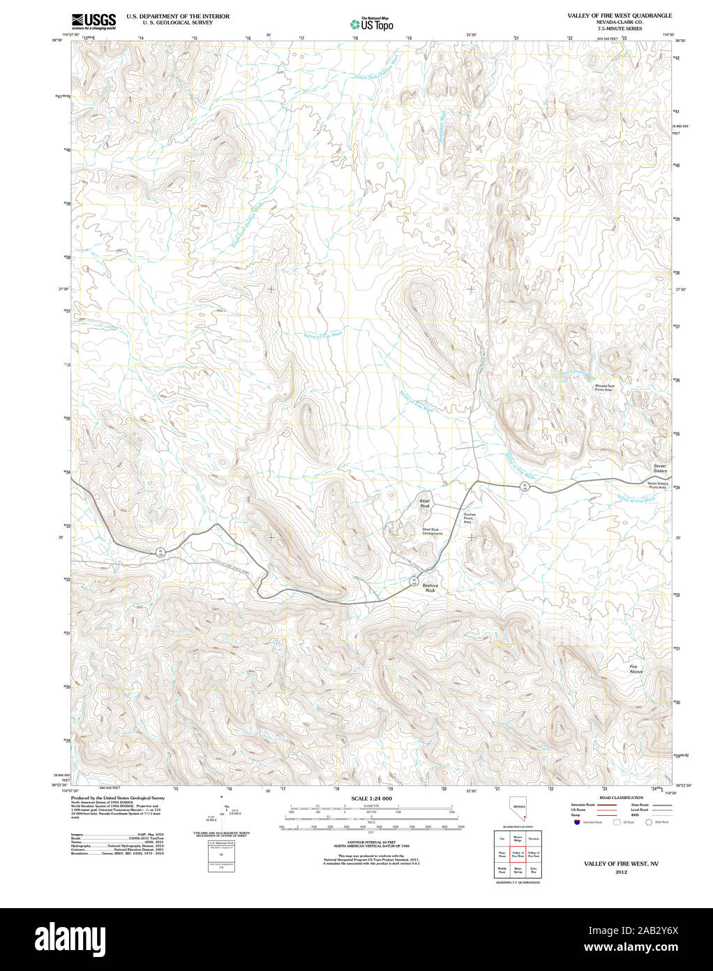 USGS TOPO Karte Nevada NV Tal des Feuers West 20120114 TM Wiederherstellung Stockfoto