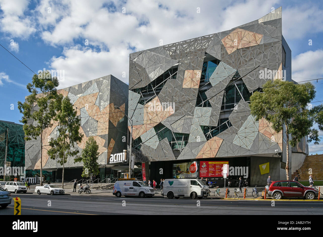 Australien, Victoria, Melbourne, 11. April 2019: Die australischen Zentrum für das bewegte Bild (ACMI), Federation Square, ist Australien nationalen Muse Stockfoto