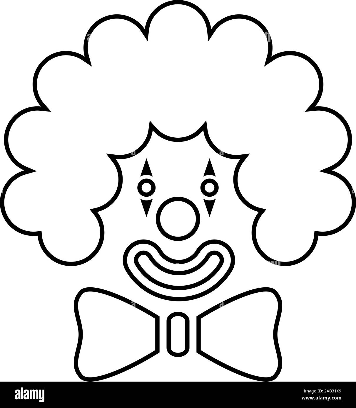 Clown Gesicht Kopf mit großen Bogen und lockiges Haar Circus Karneval lustiges Konzept Symbol outline Schwarz Vector Illustration Flat Style einfach Bild laden Stock Vektor