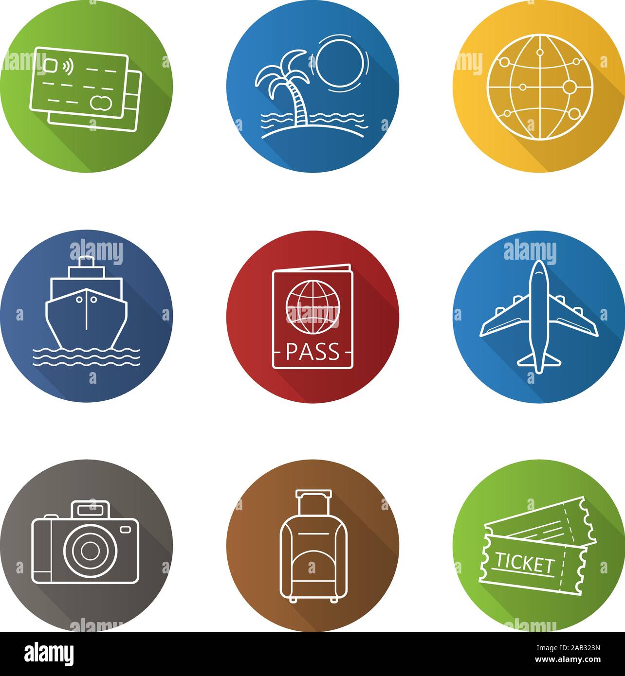 Urlaub und Reisen Flachbild lineare lange Schatten Symbole gesetzt. Kreditkarten, Tropical Island, Globus Modell, Kreuzfahrtschiff, Reisepass, Flugzeug, Foto, Kamera, Sui Stock Vektor