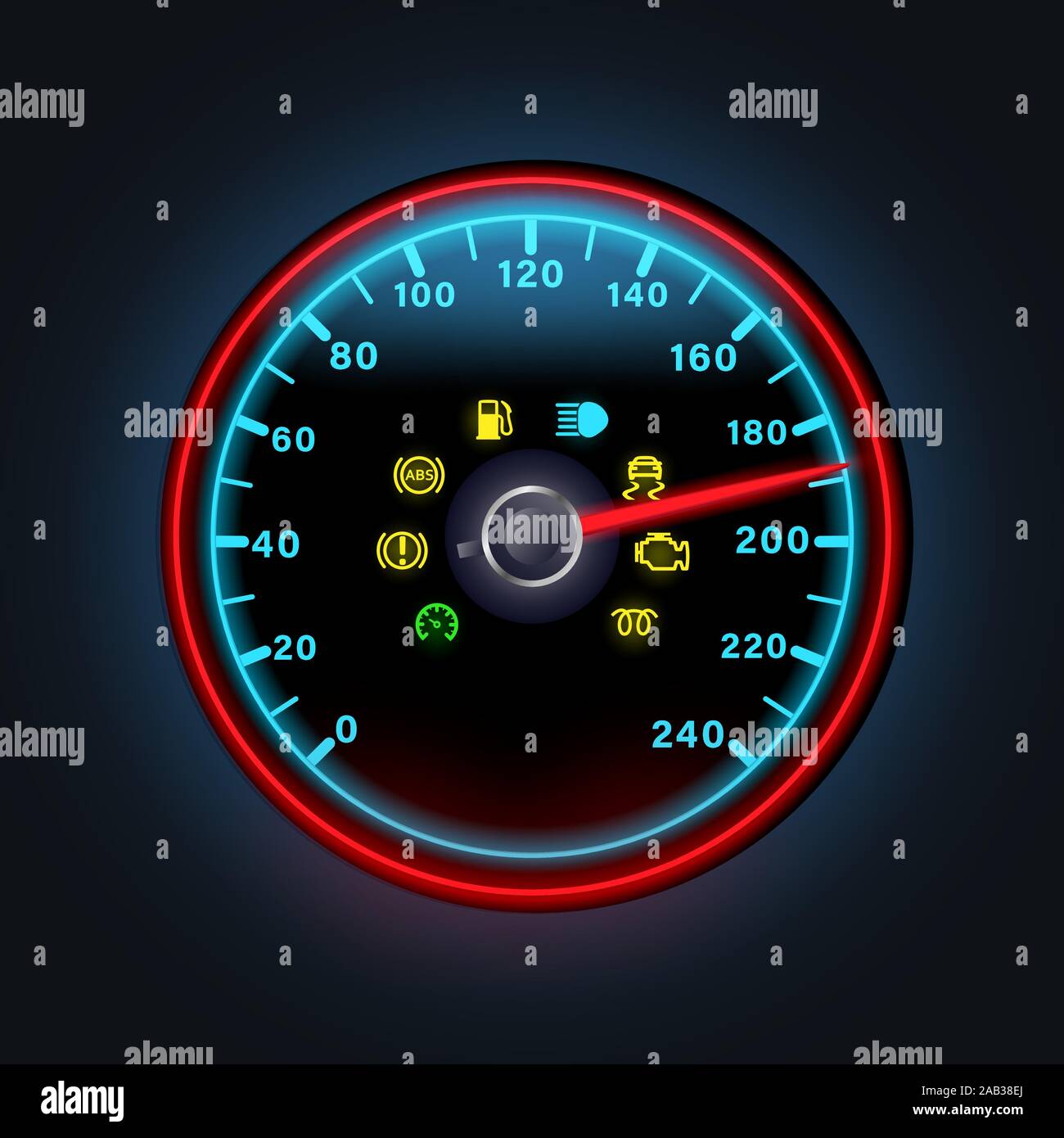 Helles Neon digitaler Tachometer mit hellen Armaturenbrett Indikatoren, gelbe Warnsymbole des Motors, Benzin, Ausrufezeichen, abs, Vector Illustration. Stock Vektor