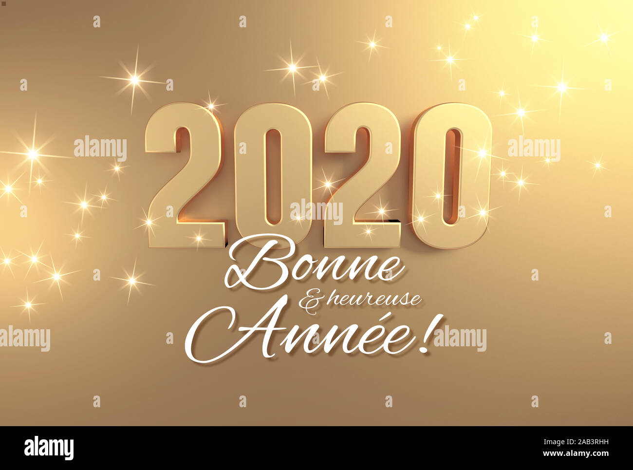 2020 Datum Nummer in Gold- und Neujahrsgrüße farbige in französischer Sprache, eine feierliche goldenen Hintergrund - 3D-Darstellung Stockfoto